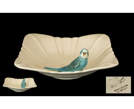 Large Vintage Art Deco Style Square White Shallow Bowl with Blue Budgie figure Reg. No. 874480 Fabian Ware to base.  Small cr