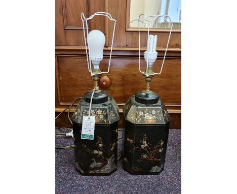 A pair of Japanese lacquerware style lamp bases with shades.