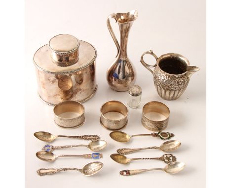 A collection of hallmarked silverware, to include a Victorian milk jug, three napkin rings and a spoon, together with seven v