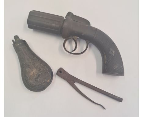 A six shot percussion cap pepperpot pistol with power flask and bullet mould.