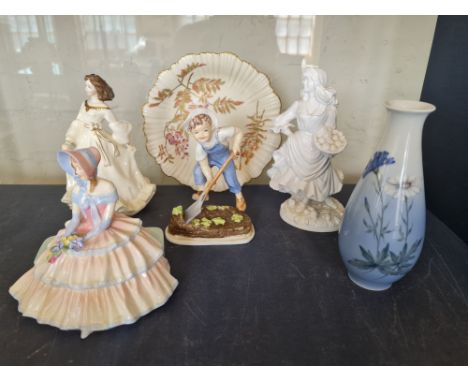 Four figures to include Royal Doulton and Royal Worcester plate and one Royal Copenhagen vase.