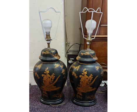 A pair of porcelain Japanese lacquerware style lamp base with shades.
