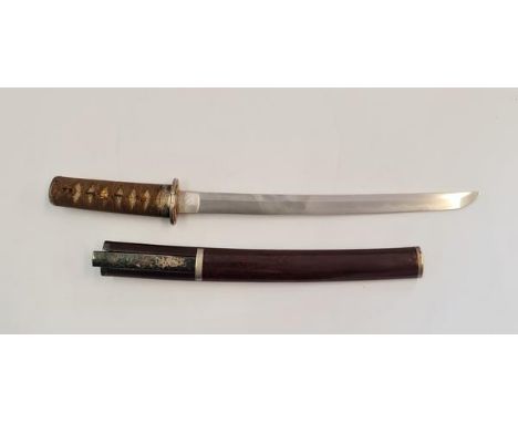 A Japanese samurai tanto sword with red lacquered scabbard silver tsuba floral design silver fuchi signed to base and gold co