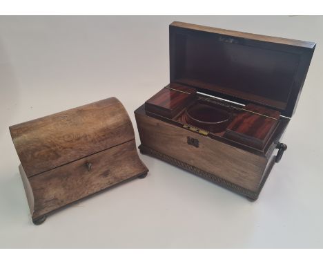 A rosewood sarcophagus shape tea caddy with a dome top walnut tea caddy.