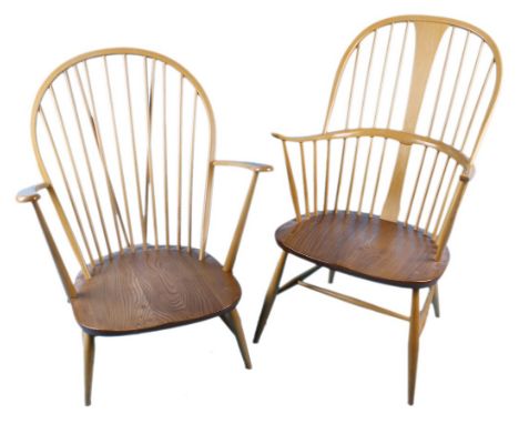 A beech Ercol Windsor style armchair with an elm seat, together with a similar example with a lower seat  