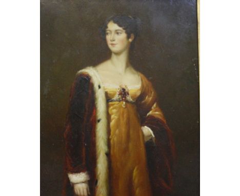 English School (20th Century) Portrait of lady in an ermine robe and an orange dress Oil on board Unsigned 24cm x 19cm  