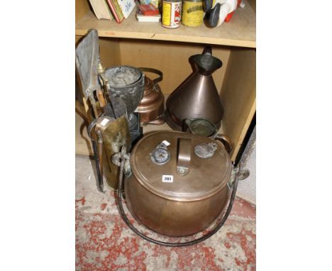 Metalware to include an 18th century copper tankard; a copper vessel & cover, two copper measures, , fire tools two black mes