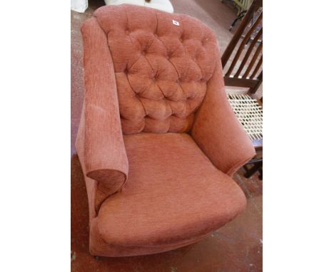 A late Victorian brick red upholstered armchair & mahogany commode with folding arms  