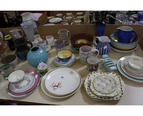 A quantity of vintage pottery, to include Susie Cooper plates, Poole vases, a Shelley vase and bowl and other decorative cera