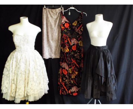 Vintage Clothing - a snake skin style straight skirt, an occasional dress with net fitted underskirt, a two piece heavily pat