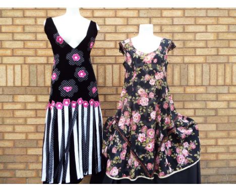 Vintage Clothing - a wrap over floral dress with satin sash by Mab, size 44, approx length 110cm, an 'A' line black fully lin