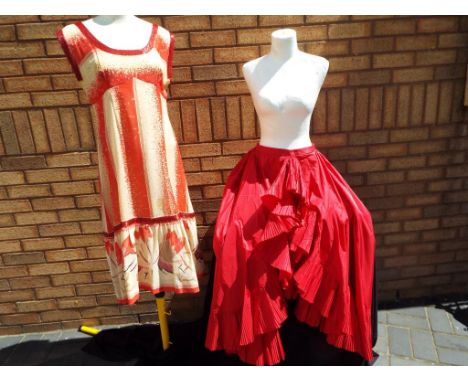 Vintage Clothing - a summer tent style dress with beaded floral detailing, approximate length 115 cm and a full length red sk