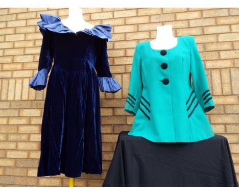 Vintage Clothing - a hand and machine made purple / blue coloured velvet peasant dress with frill neck and sleeves, 110cm in 