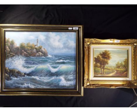R, Thompson - an oil on canvas depicting a coastal scene, framed, signed lower right, image size 40 cm x 49 cm and an oil on 