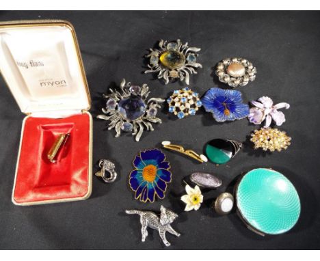 Fourteen brooches to include stone set, enamelled and similar, white metal pendant in a form of a mermaid, a silver hallmarke