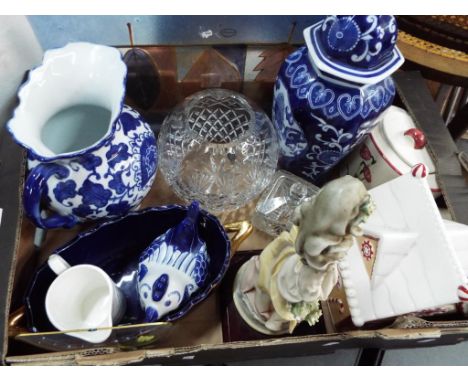 A good mixed lot of glassware and ceramics to include a Portmeirion sandwich plate, a Capodimonte figurine on a wooden plinth