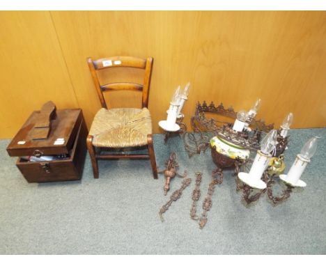 A good quality metal and ceramic chandelier with floral decoration, a child's chair and cobbler's box with accessories (3)
