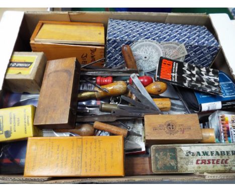 A mixed lot to include hand tools, doweling jig, boxed micro meter, band saw blades, speed reducer attachment and similar. 