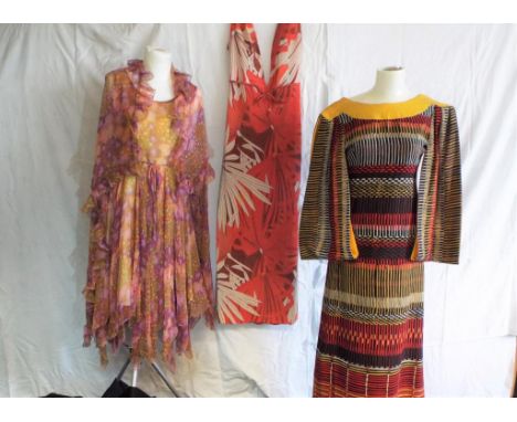 Vintage Clothing - a full length heavily patterned fully lined summer style dress with a matching shawl, a full length evenin