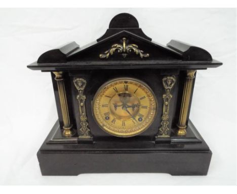 Ansonia mantel clock - a late 19th / early 20th century American black marble clock of French style architectural form, Roman