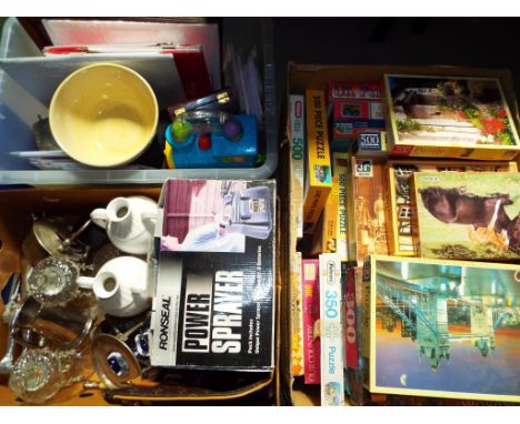 A mixed lot to include vintage jigsaw puzzles, ceramics plated ware, glassware, toys and similar [3].
