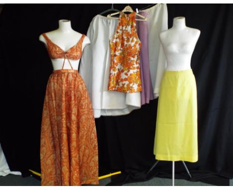 Vintage Clothing - a machine and hand made heavily patterned skater dress, approximate length 74 cm, three A-line skirts in v