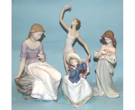 A Lladro figure of a girl holding a garland of flowers, 26cm high, impressed 6346 and three Nao porcelain figures, (4). 