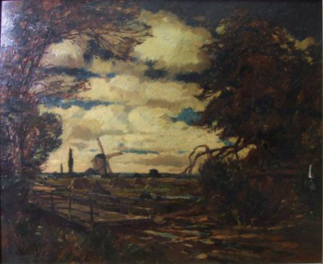 Fritz Köhler (1887-1971),&nbsp;'Dutch landscape with windmill, corn stooks and cattle', signed oil on board, 59 x 73cm, marke