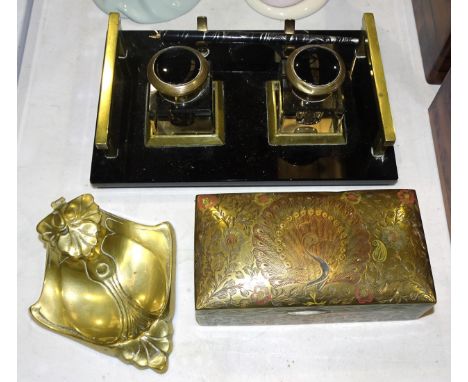 An Art Deco-style double-inkstand on rectangular black glass base, with brass handles and mounts and pen holder, 24cm long, 1