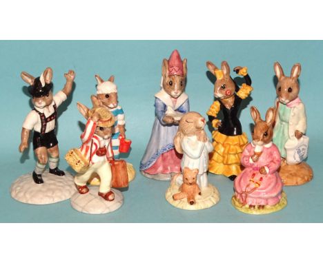 A collection of fifteen Royal Doulton 'Bunnykins' figures, including 'Mystic', 'Sundial', 'Stop Watch', 'Flamenco', 'Tyrolean