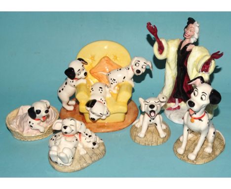 Twelve Royal Doulton 101 Dalmatians figures: 'Cruella De Vil' DM1, 'Penny' DM2, 'Penny and Freckles' DM3, 'Rolly' DM4, 'Patch