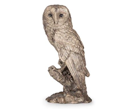 AN ELIZABETH II SILVER MODEL OF A BARN OWL by Country Artists, Birmingham 1994, with fine feather detailing, modelled perchin