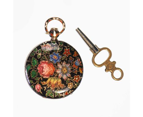 AN OPEN-FACE KEY-WIND ENAMELLED FOB WATCH cuvette inscribed 'Losada. 105 Regent St. London', '60334', key wind movement, the 