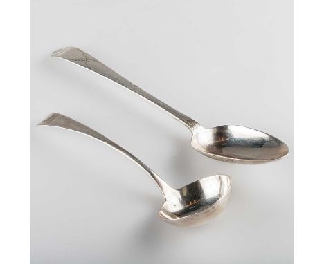 A GEORGE III SILVER SAUCE LADLE AND BRIGHT-CUT TABLESPOON by Hester Bateman, the ladle with indistinct date letter, the spoon