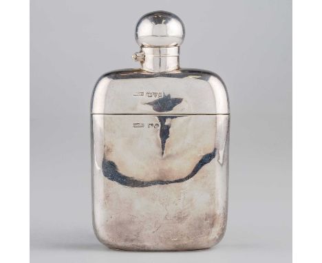 A LATE VICTORIAN SILVER HIP FLASK by Edward Osborn Marples, Chester 1900, of heavy gauge, with large cup. 14cm high, 8.9 troy