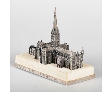 A COMMEMORATIVE SILVER MODEL OF SALISBURY CATHEDRAL by TM, London 1973, number 14 of an edition of 100, mounted on a slab of 