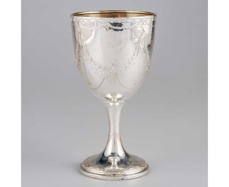 A GEORGE V SILVER GOBLET by Joseph Gloster Ltd, Birmingham 1911, the ovoid bowl engraved with swags. 14.5cm high, 3.4 troy ou