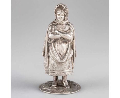 A GEORGE V SCOTTISH CAST SILVER FIGURAL PEPPER POT by William Hamilton &amp; Son, Edinburgh 1926, in the form of a lady, stan