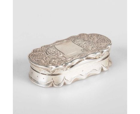 A VICTORIAN SILVER SNUFF BOX by Colen Hewer Cheshire, Birmingham 1881, shaped oval form with hinged cover, engraved with flor