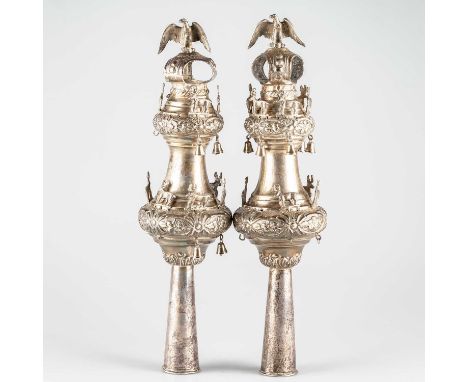 JUDAICA: A PAIR OF GEORGE V SILVER TORAH FINIALS maker M.S, London 1916, each surmounted by the figure of an eagle with wings