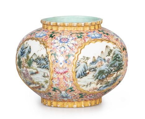 A CHINESE FAMILLE ROSE VASE, 19TH CENTURY rounded and squat square form, each side with a reserve enamel painted with a lands