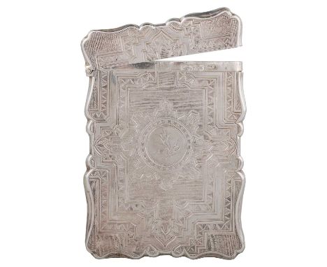 A VICTORIAN SILVER CARD CASE by Nathaniel Mills, Birmingham 1854, engraved with geometrical borders and scrolling foliage. 10