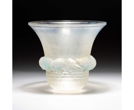 RENÉ LALIQUE (FRENCH, 1860-1945), 'PIRIAC', A VASE, DESIGNED 1930 frosted, opalescent and blue-stained glass, stencilled R. L