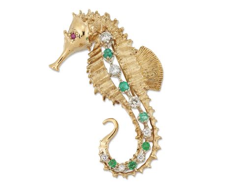 AN EMERALD, DIAMOND AND RUBY SEAHORSE BROOCH modelled with textured scales and fins, with a ruby inset eye and a line of roun