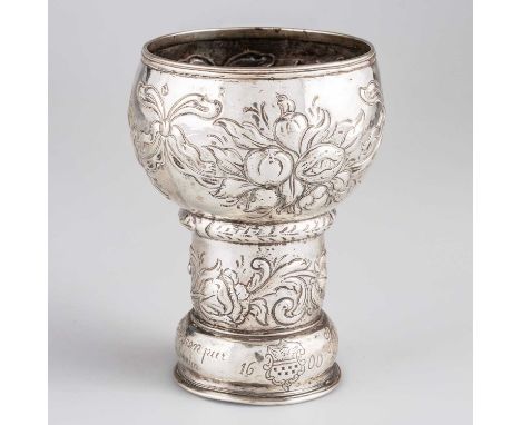 A GERMAN SILVER GOBLET Hanau, 19th Century, with bulbous upper section and domed foot, chased with ribbon-tied flower sprays,