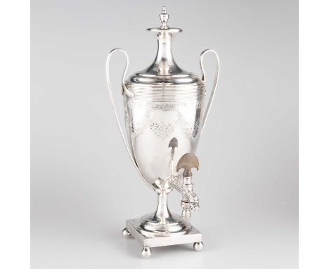 A GEORGE III SILVER COFFEE URN by John Robins, London 1789, the two-handled ovoid body with square base and ball feet, bright