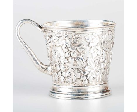 A VICTORIAN SILVER MUG by John Samuel Hunt, London 1853, of straight-sided tapering form, the handle fashioned as a branch, c