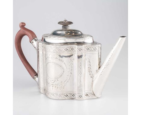 A GEORGE III SILVER TEAPOT by Hester Bateman, London 1788, of shaped oval form with hinged domed cover and straight spout, br