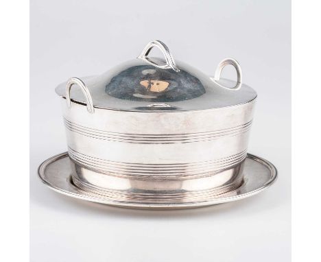 A GEORGE III SILVER BUTTER TUB, COVER AND STAND by Robert Garrard I, London 1803, of gently flaring form with three reeded ba