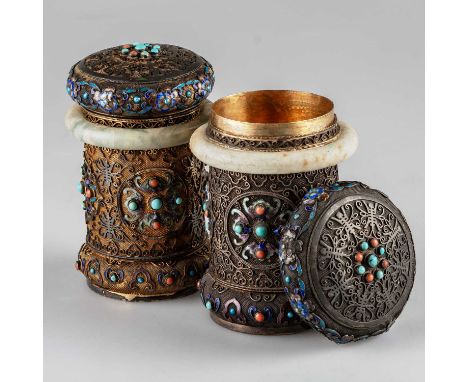 A PAIR OF CHINESE SILVER, JADE, ENAMEL AND 'JEWELLED' JARS AND COVERS of circular section with domed pull-off covers, decorat